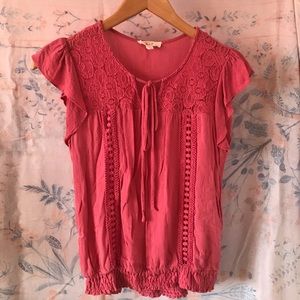E M Pink Lace Short Sleeve Top